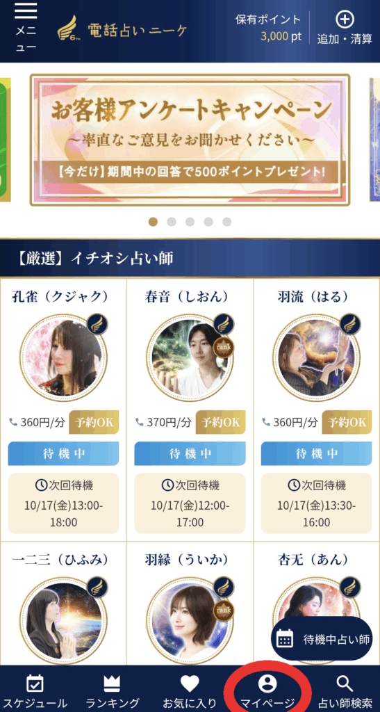 電話占いニーケマイページ